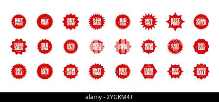 Prezzo da uragano. Serie di cerchi con bordi netti e ondulati. Etichette vettoriali semplici e piatte. Adesivi di vendita e sconti rossi Illustrazione Vettoriale
