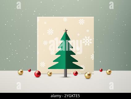 Semplice ed elegante design natalizio con albero di carta verde tagliato, stella d'oro e ornamenti rossi e dorati su sfondo verde chiaro fiocco di neve, vacanze Illustrazione Vettoriale