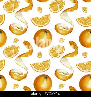 Motivo senza cuciture con arance. Frutti rotondi, fette e metà di arance. Scorza d'arancia e piccoli pezzi. Colore arancione succoso. Illustrazione acquerello Foto Stock
