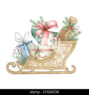 Slitta di legno natalizia con scatole regalo verdi, blu, rosse e beige legate con archi colorati. Illustrazione isolata ad acquerello disegnata a mano per biglietti d'auguri di buon anno, confezioni e design per le feste. Foto Stock