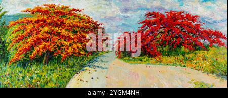 Pittura ad olio astratta panorama paesaggio rosso arancione di fiori di pavone lungo la strada al mattino. Verniciato a mano, illustrazione blu cielo nuvola dorso Foto Stock