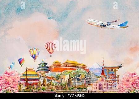 Viaggia in tutto il mondo e ammira i famosi monumenti riuniti insieme. Illustrazione con pittura ad acquerello, punto di riferimento dell'Asia e dell'aeroplano, mongolfiera Foto Stock