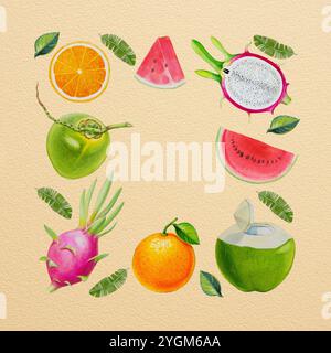 Collezione di frutta dipinta ad acquerello. Elementi disegnati a mano per la giornata con alimenti freschi isolati su un morbido sfondo giallo. Illustrazione della verniciatura Foto Stock