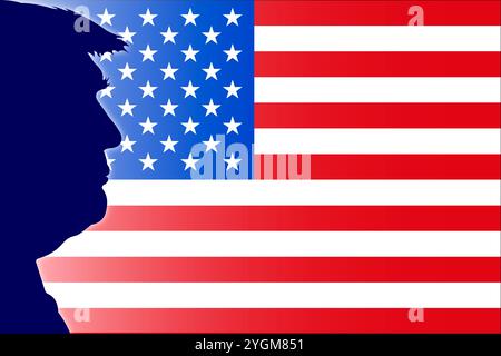 Il presidente DEGLI STATI UNITI Donald Trump ritratto di silhouette con bandiera degli Stati Uniti, illustrazione Foto Stock