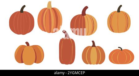 Collezione vettoriale di zucche disegnate a mano e set di elementi di design autunnali. Clip-art arancione per i modelli di design per il giorno del Ringraziamento e Halloween autunnale. Illustrazione Vettoriale