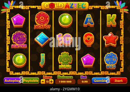 Menu completo e set di simboli a 12 slot a tema azteco o Maya. Elemento UI per jackpot nel gioco d'azzardo. Icone di stile per giochi 2D e casinò o slot Illustrazione Vettoriale
