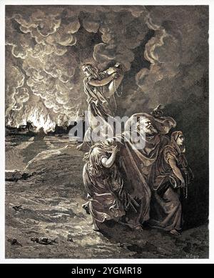 Lot e la sua famiglia fuggono dal bruciare Sodoma e Gomorra. Vecchio Testamento. Antica illustrazione biblica colorata digitalmente di Gustave Doré (1832-1883) Foto Stock