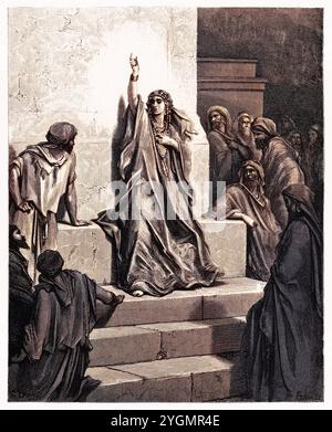 Deborah, profetessa ebraica che ha liberato il suo popolo da Jabin, re di Canaan e dal suo generale Sisera, cantando la sua canzone di trionfo (giudici 5:1) Antico Testamento. Antica illustrazione biblica colorata digitalmente di Gustave Doré (1832-1883) Foto Stock