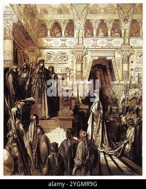 Salomone riceve la regina di Saba. Vecchio Testamento. Antica illustrazione biblica colorata digitalmente di Gustave Doré (1832-1883) Foto Stock