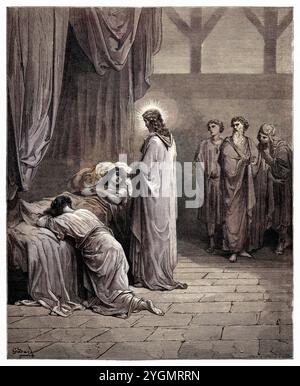 Il risveglio della figlia di Jairus dalla morte. Nuovo Testamento. Antica illustrazione biblica colorata digitalmente di Gustave Doré (1832-1883) Foto Stock