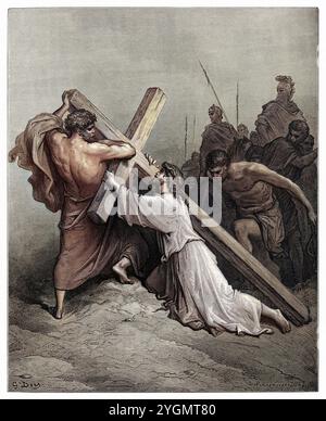 Gesù inciampa mentre porta la croce. Nuovo Testamento. Antica illustrazione biblica colorata digitalmente di Gustave Doré (1832-1883) Foto Stock