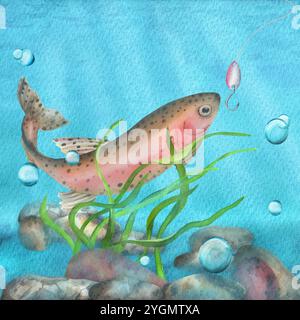 Pesce di trota arcobaleno sott'acqua. Gancio di pesce. Alghe e ciottoli. Clipart di pesca. Sfondo acquerello. Illustrazione ad acquerello disegnata a mano. Foto Stock