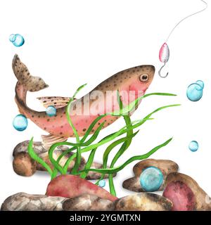 Pesce di trota arcobaleno sott'acqua. Gancio di pesce. Alghe e ciottoli. Clipart di pesca. Illustrazione ad acquerello disegnata a mano. Foto Stock