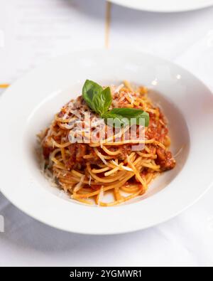 Classici spaghetti italiani conditi con una ricca salsa di pomodoro rosso e una fresca foglia di basilico, un piatto semplice ma saporito che incarna la cucina italiana. Foto Stock
