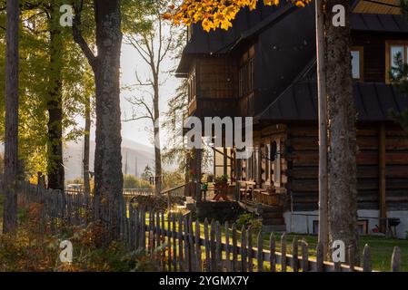 I paesaggi sotto il Monte Kopieniec a Zakopane, Polonia, offrono una vista pittoresca di prati ondulati, fitte foreste e il maestoso Tatra Mountai Foto Stock