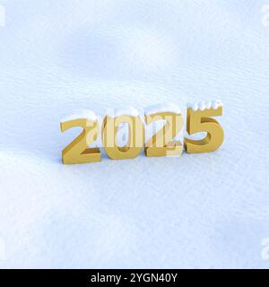 Happy New Year 2025 Concept: Il dorato conta 2025 coperti di neve e in piedi nella neve. Foto Stock