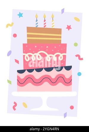 Biglietto di auguri di buon compleanno. Graziosa torta colorata con candele. Modello di illustrazione vettoriale Illustrazione Vettoriale