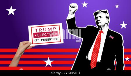 Donald Trump 47° presidente degli Stati Uniti. Collage con effetto mezzitoni Foto Stock