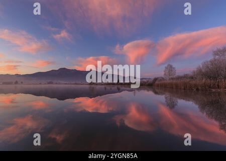 Atmosfera nuvolosa, alba, montagne che si riflettono nel lago, inverno, hoarfrost, Loisach-Lake Kochel Moor, dietro Herzogstand, Heimgarten, Baviera, Germania, Europa Foto Stock