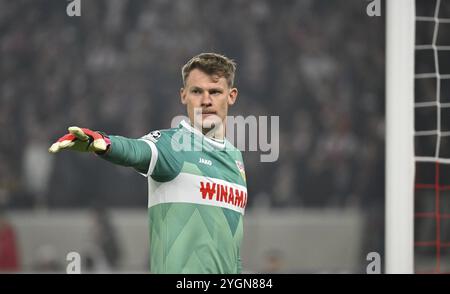 Portiere Alexander Nuebel VfB Stuttgart (33) Gesture Gesture Champions League, MHPArena, MHP Arena Stuttgart, Baden-Wuerttemberg, Germania, Europa Foto Stock