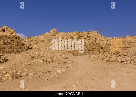 Rovine del castello dei crociati Montreal, Shoubak, Shobak o Shawbak in Giordania, Medio Oriente Foto Stock