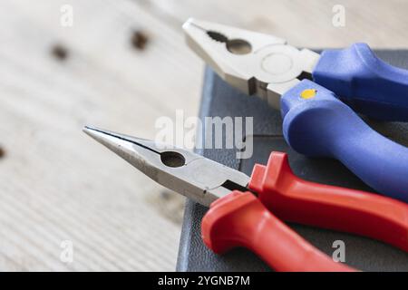 Pinze a becchi tondi, utensili professionali per la costruzione di metalli. Strumento meccanico per lavori di riparazione, primo piano Foto Stock