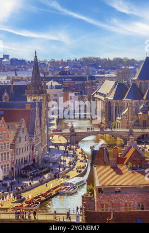 Gand, Belgio, 12 aprile 2016: Vista panoramica aerea della storica città di Gent, provincia delle Fiandre Orientali, Europa Foto Stock