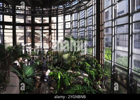 La gente cammina attraverso una sala piena di piante nel Centro Botanico di Shibuya Fureai, un piccolo giardino botanico nel mezzo di Tokyo Foto Stock