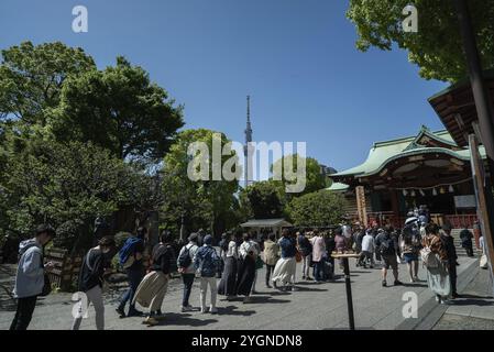 I visitatori fanno la fila davanti all'edificio principale del santuario Kameido Tenjin, con lo Skytree Tokyo alto 634 metri sullo sfondo. Circa 400- Foto Stock