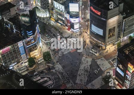 Crocevia a Shibuya la sera dall'alto. Numerosi monitor e cartelli pubblicitari illuminano le strade mentre le persone attraversano l'incrocio Foto Stock