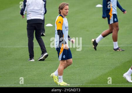 Valdebebas, Madrid, Spagna. 8 novembre 2024. Luka Modric del Real Madrid CF ha visto allenarsi durante la sessione di allenamento del Real Madrid e la conferenza stampa in vista della partita della Liga 2024/25 contro CA Osasuna al Ciudad Real Madrid l'8 novembre 2024 a Valdebebas, Spagna. (Credit Image: © Alberto Gardin/ZUMA Press Wire) SOLO PER USO EDITORIALE! Non per USO commerciale! Foto Stock