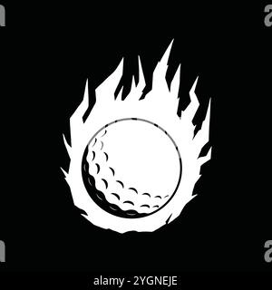 Palla da golf con illustrazione vettoriale a forma di fuoco e fiamma. Palla da golf fiammeggiante con logo a forma di icona semplice. Illustrazione Vettoriale