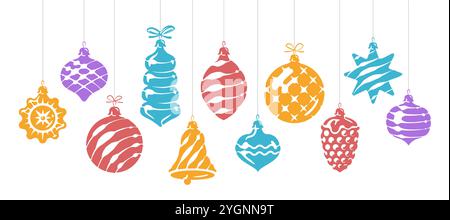 Appendere ornamenti natalizi. Decorazioni palle e giocattoli sull'albero. Illustrazione vettoriale del banner natalizio per il nuovo anno Illustrazione Vettoriale