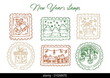 Francobolli natalizi disegnati a mano con contorni colorati per francobolli, adesivi, francobolli. Per scrapbooking, timbri di gomma, adesivi, marchi postali. Natale vettoriale Illustrazione Vettoriale