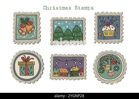 Una collezione natalizia di francobolli colorati disegnati a mano, adesivi per buste e cartoline con alberi di Natale, regali, case e feste Illustrazione Vettoriale