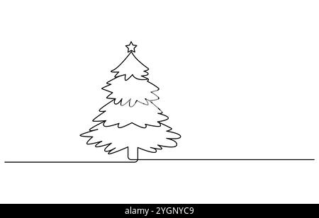 Albero di Natale nel disegno della linea continua con neve con tratto modificabile Illustrazione Vettoriale