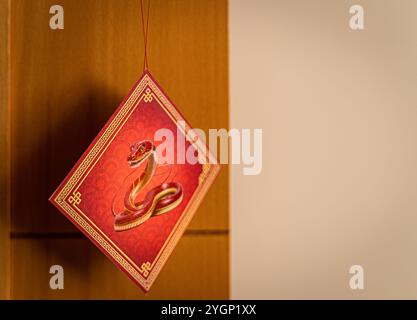 Decorazione del nuovo anno cinese con buste rosse e un serpente rosso, che significa buona fortuna, fortuna e benedizione nel nuovo anno serpente Foto Stock