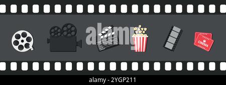 Icone dei filmati cinematografici nella cornice della sequenza. Video camera, film reel, clapperboard, pellicola, popcorn e biglietti per il cinema. Illustrazione vettoriale Illustrazione Vettoriale