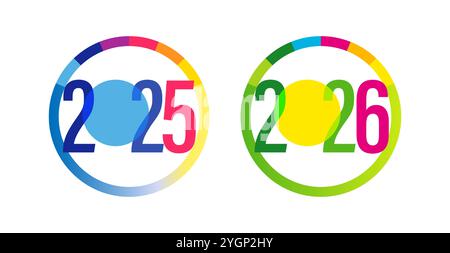 Set di icone per il nuovo anno 2025 e 2026. Stile geometrico piatto, design colorato. Concetto di badge. Modello di logo aziendale o anno fiscale. Banner Web. Illustrazione Vettoriale