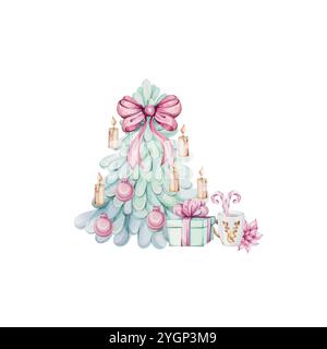 Disposizione degli alberi di Natale in verde acquerello, candela con abete e regalo. Stile romantico a fumetti. Per un buon Natale invernale. Dipinto a mano Illustrazione Vettoriale