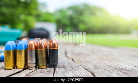 Vari tipi di proiettili esposti su una superficie di legno, simboleggiano il tema della sicurezza delle armi da fuoco, l'impatto della violenza e l'importanza delle risposte Foto Stock