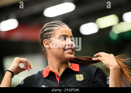 Hagen, Germania. 8 novembre 2024. Nyara SABALLY (GER) qualificazione al campionato europeo di pallacanestro femminile, Germania (GER) - Grecia (GRE) 79:76, il 7 novembre 2024 a Hagen/Germania credito: dpa/Alamy Live News Foto Stock