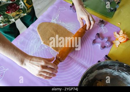 Donna in grembiule che prepara impasto allo zenzero in cucina domestica. Preparazione di biscotti fatti in casa. Mani di donna che mescolano ingredienti per biscotti di Natale. Foto Stock