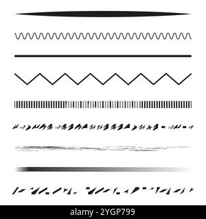 Linea decorativa. Zigzag e schemi d'onda. Insieme di bordi vettoriali. Varietà di linee grafiche. Illustrazione Vettoriale