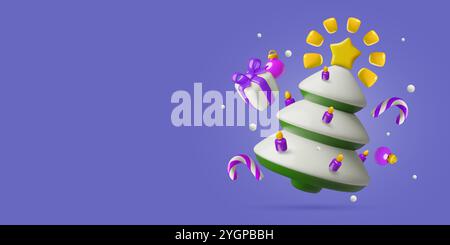 Sfondo 3d albero di Natale e Capodanno con stelle, neve, regali e decorazioni natalizie. Illustrazione vettoriale tridimensionale minima. Illustrazione Vettoriale