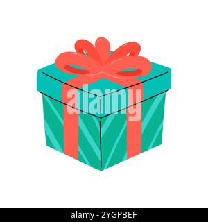 Graziosa confezione regalo con fiocco e fiocco. Illustrazione vettoriale isolata. Omaggio confezionato per Natale, compleanno, Capodanno o altri eventi. Piatto Illustrazione Vettoriale