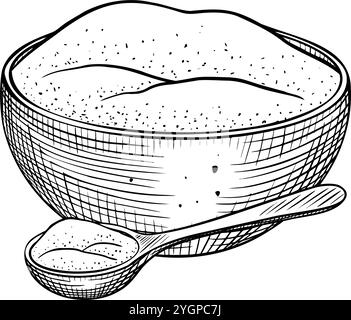 Recipiente e cucchiaio di illustrazione vettoriale della farina. Disegno del piatto con cagliata o panna acida in stile art di linea. Elemento rustico con contorno retrò dipinto da inchiostri neri. Incisione per libro di cucina. Utensili da cucina. Illustrazione Vettoriale