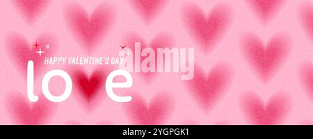 Biglietto d'auguri o striscione di San Valentino con la parola "amore", sostituendo la lettera V con un cuore rosso su un motivo di cuori di colore rosa. Effetto granuloso Illustrazione Vettoriale