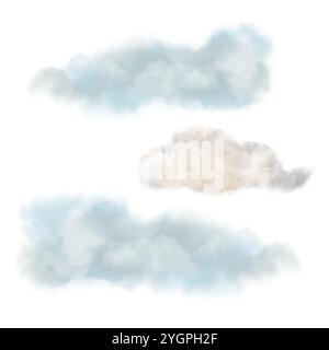 Nuvole, una serie di illustrazioni ad acquerello in toni blu, grigio e giallo. Elementi di una stanza dei bambini in tonalità pastello, il set nuvole è stato progettato per Foto Stock