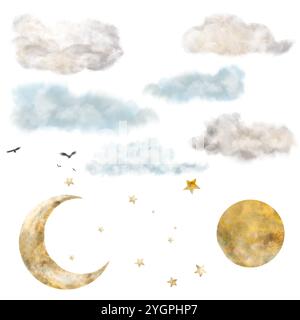Nuvole, luna, stelle, elementi decorativi. Una serie di illustrazioni ad acquerello in tonalità blu, grigio e giallo. Colori pastello. Elementi di una r. Per bambini Foto Stock